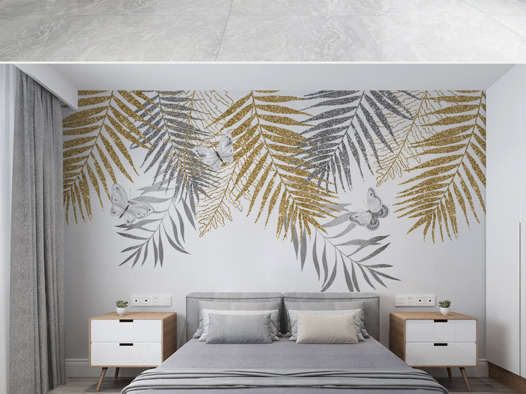 北欧现代轻奢棕榈叶电视沙发背景墙壁纸壁画